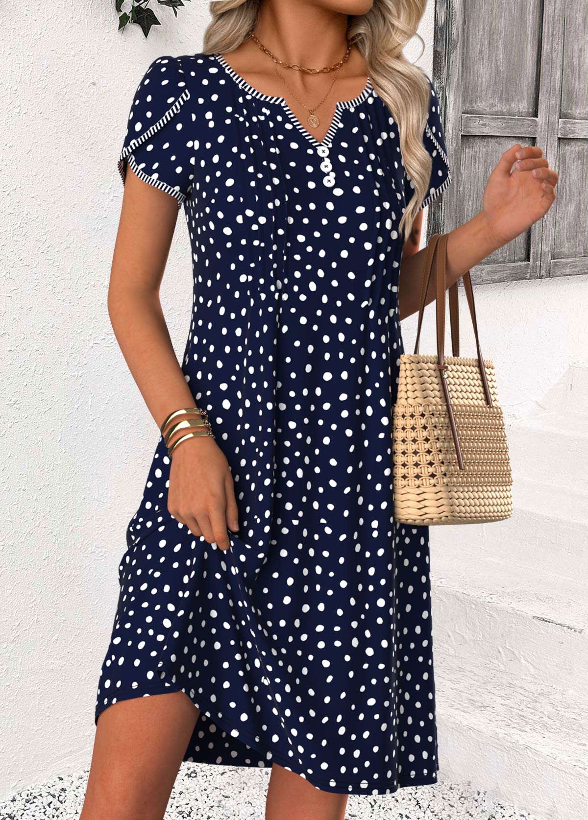 Navy Polka Dot Short Tuck Stitch Split Neck Dress | picture 