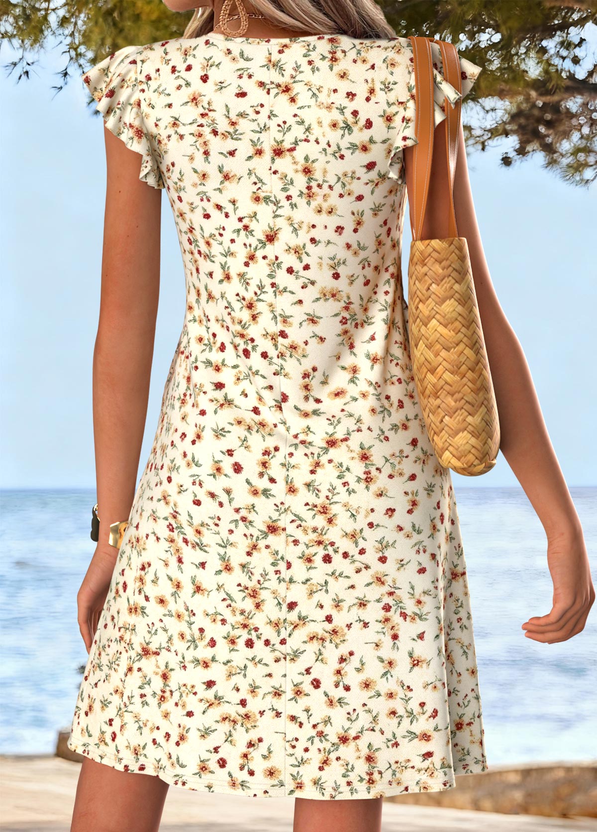Beige Ditsy Floral Print Short Shirred V Neck Dress | picture 