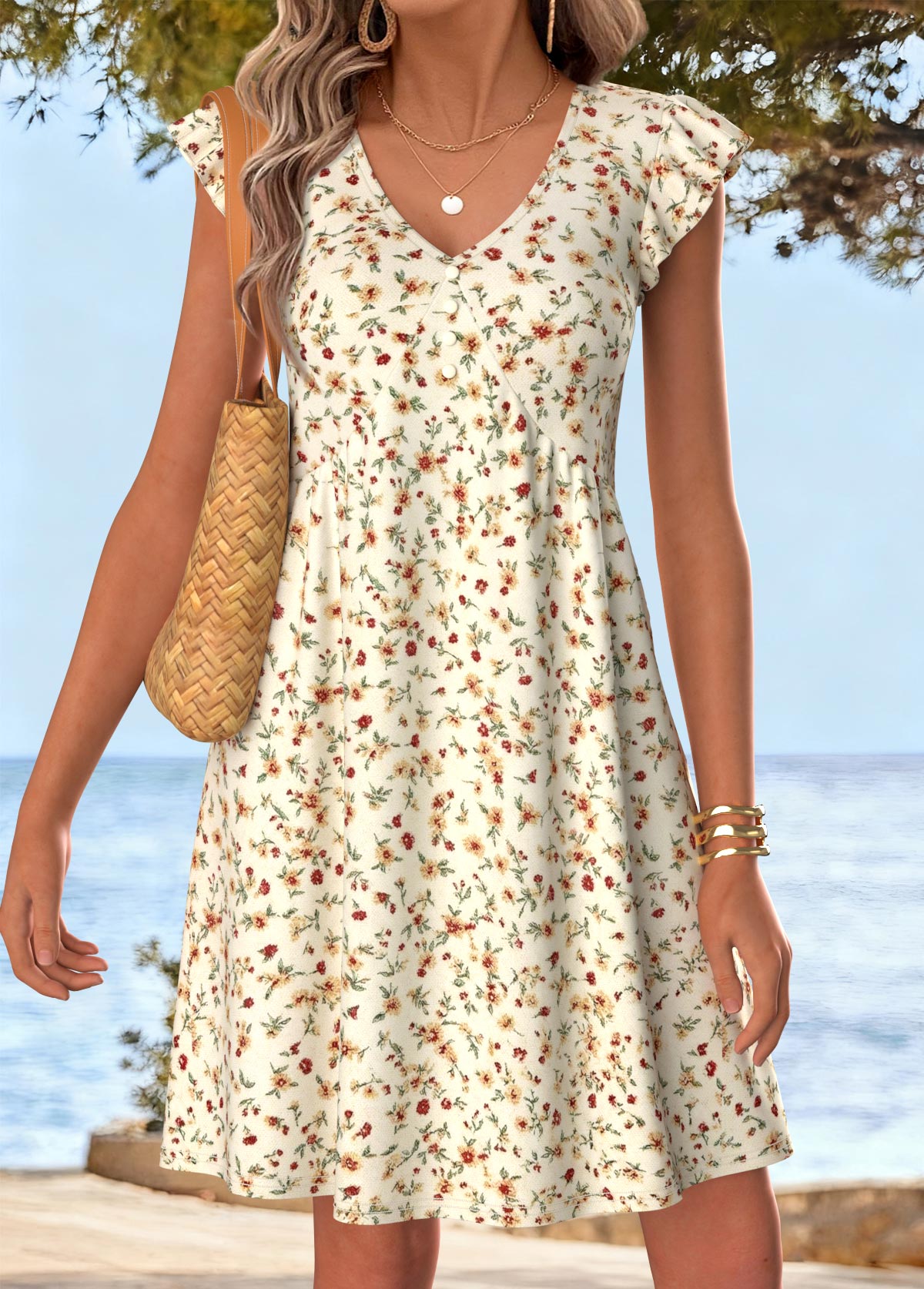 Beige Ditsy Floral Print Short Shirred V Neck Dress | picture 