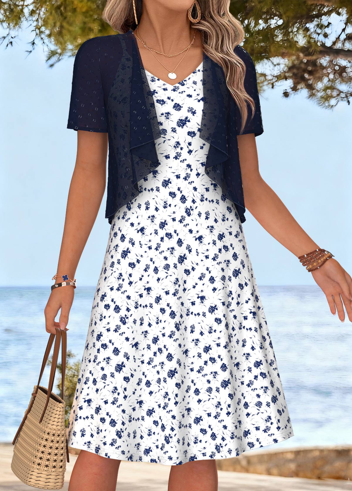 White Ditsy Floral Print Tummy Coverage Dress and Cardigan | picture 