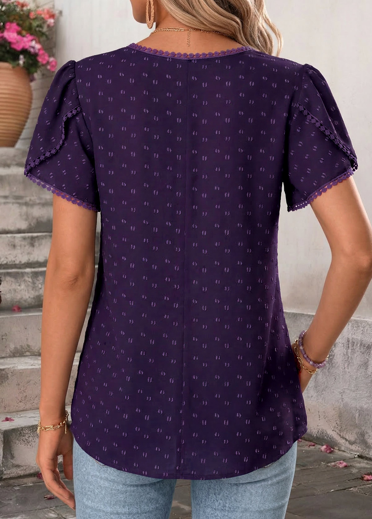 Purple Short Sleeve V Neck Blouse | picture 