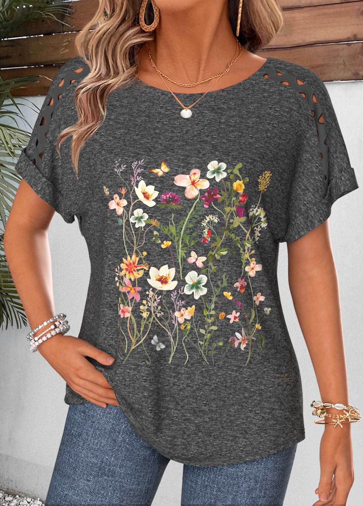 Dark Grey Marl Ditsy Floral Print T Shirt | picture 