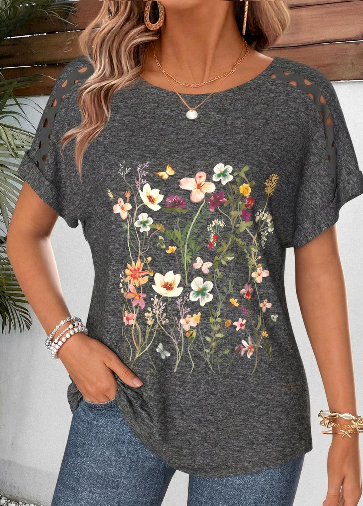 Dark Grey Marl Ditsy Floral Print T Shirt | picture 