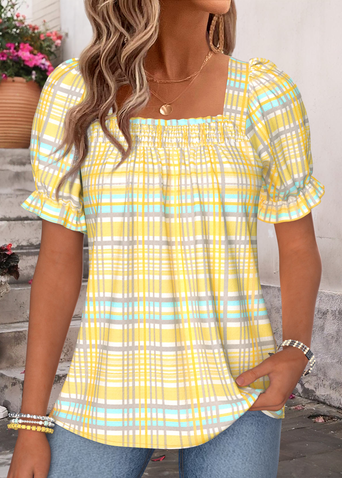 Yellow Plaid Curved Hem Short Sleeve Square Neck Blouse | picture 