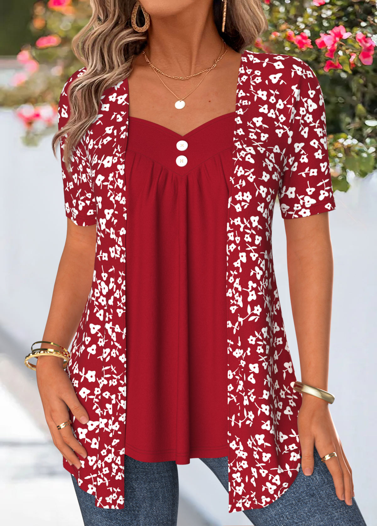 Red Ditsy Floral Print Fake Two Piece Twinset | picture 