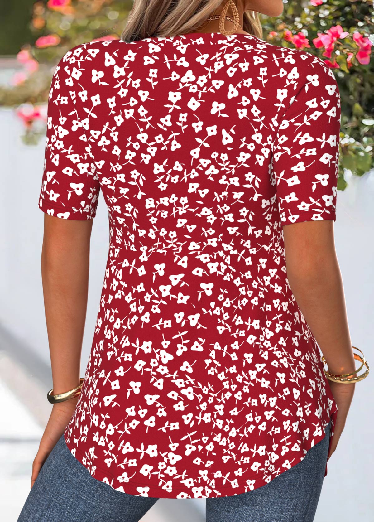 Red Ditsy Floral Print Fake Two Piece Twinset | picture 