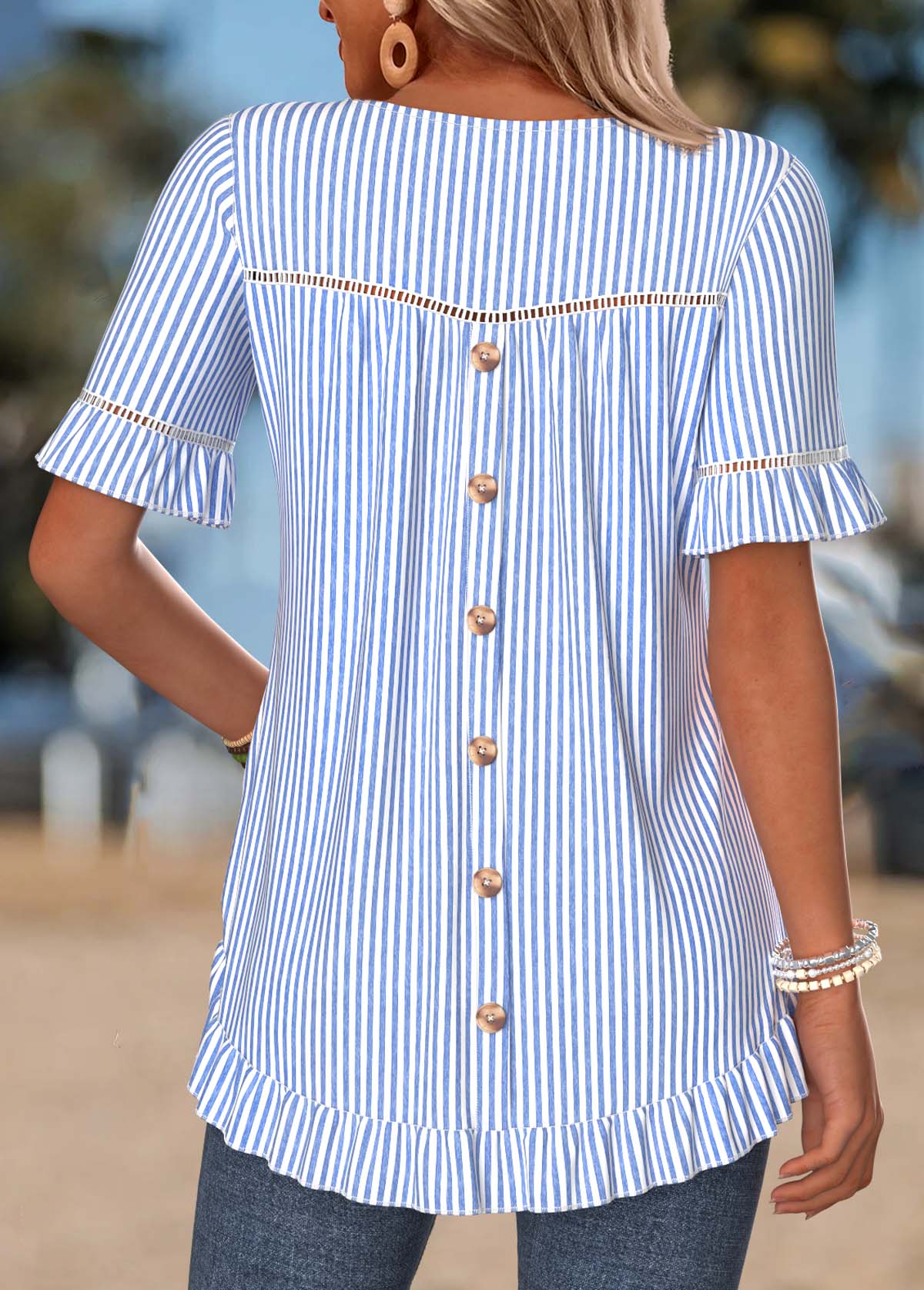 Blue Striped Frill Short Sleeve Round Neck T Shirt | picture 