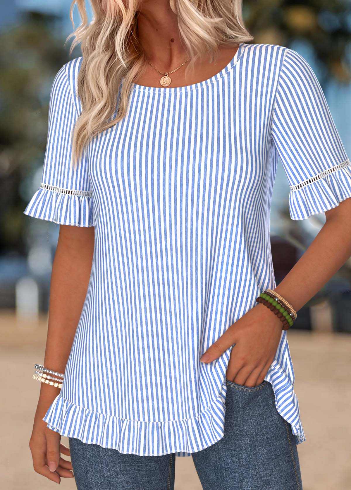 Blue Striped Frill Short Sleeve Round Neck T Shirt | picture 