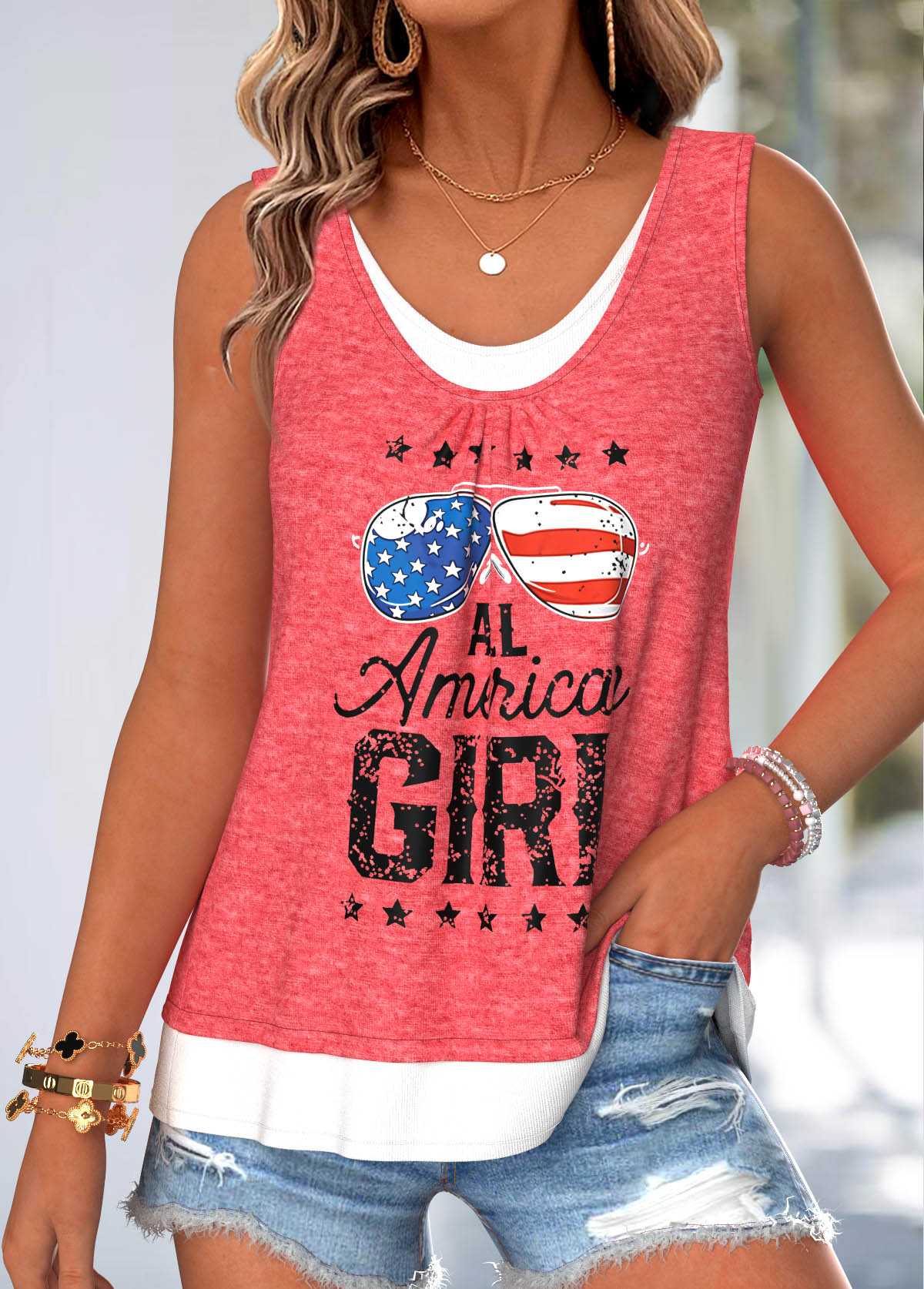 American Flag Peach Red Fake 2in1 Sleeveless Tank Top | picture 