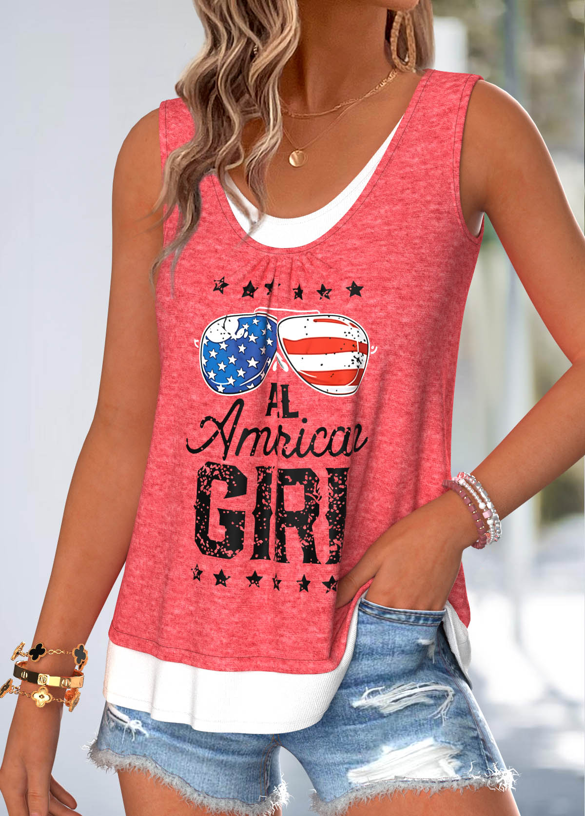 American Flag Peach Red Fake 2in1 Sleeveless Tank Top | picture 