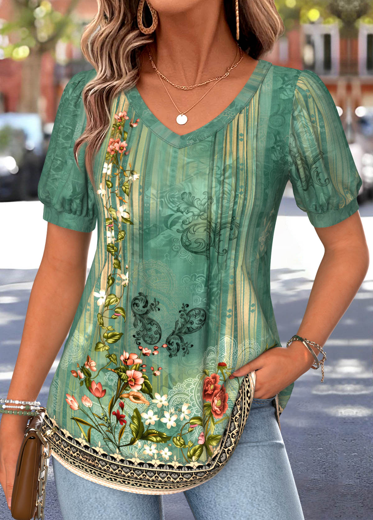 Green Random Floral Print Tuck Stitch T Shirt | picture 