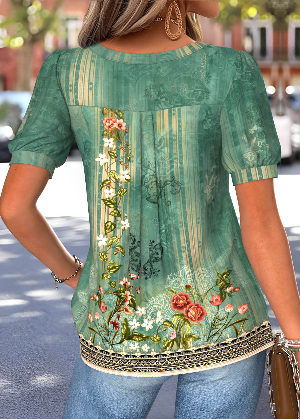 Green Random Floral Print Tuck Stitch T Shirt | picture 