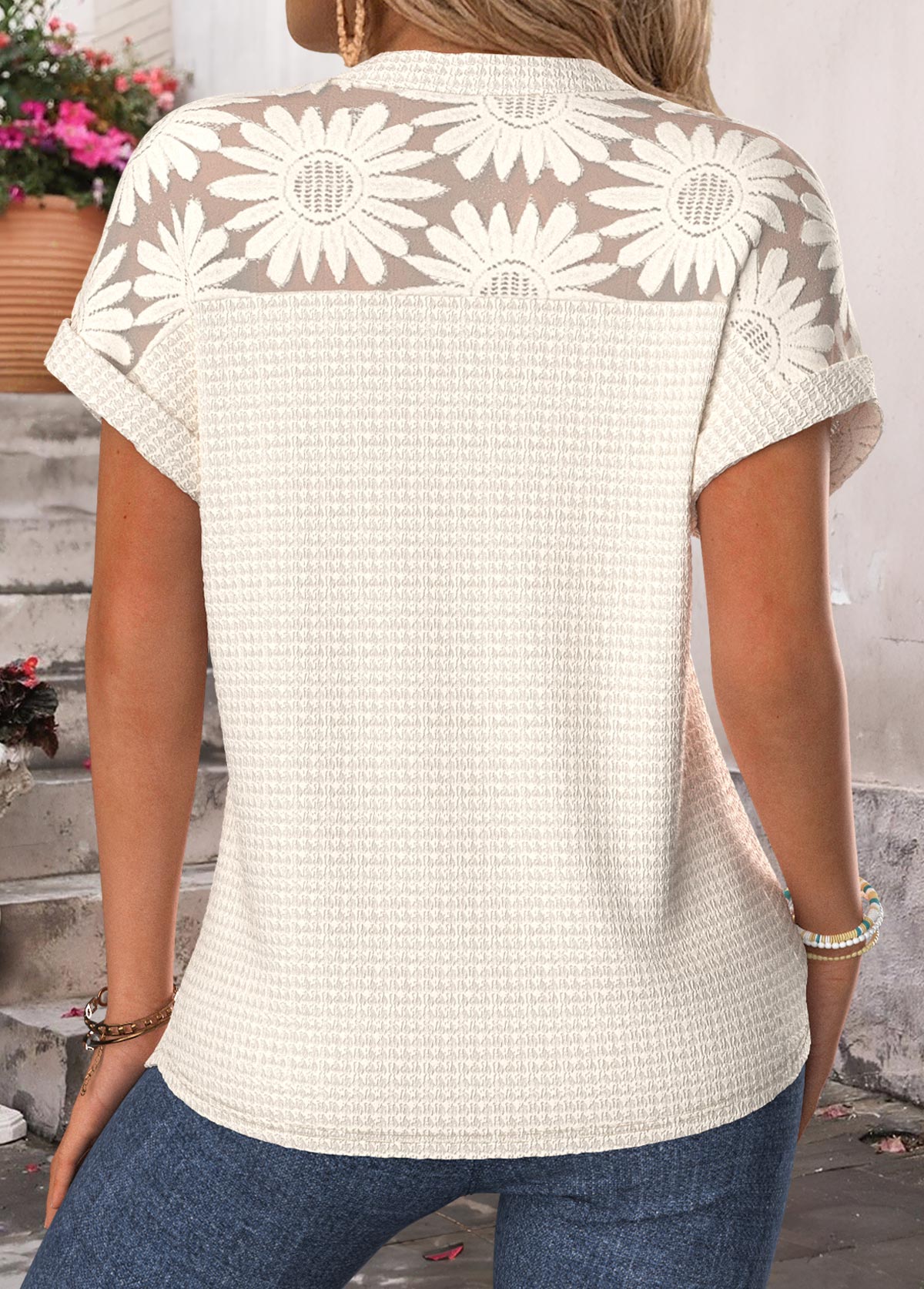 Beige Tummy Coverage Short Sleeve Split Neck Blouse | picture 