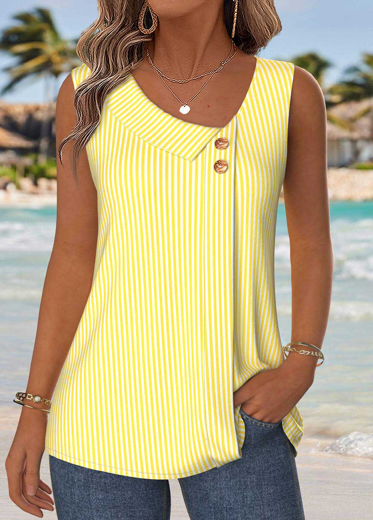 Yellow Striped Patchwork Sleeveless Asymmetrical Neck Tank Top | picture 
