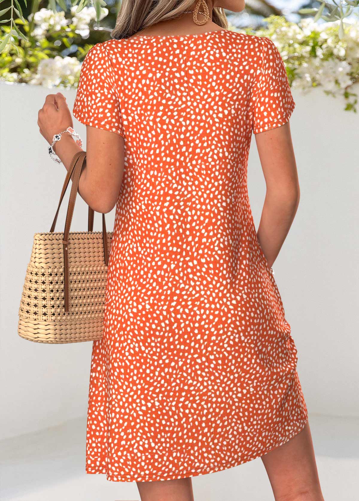 Orange Polka Dot Short Tummy Coverage Asymmetrical Neck Dress | picture 