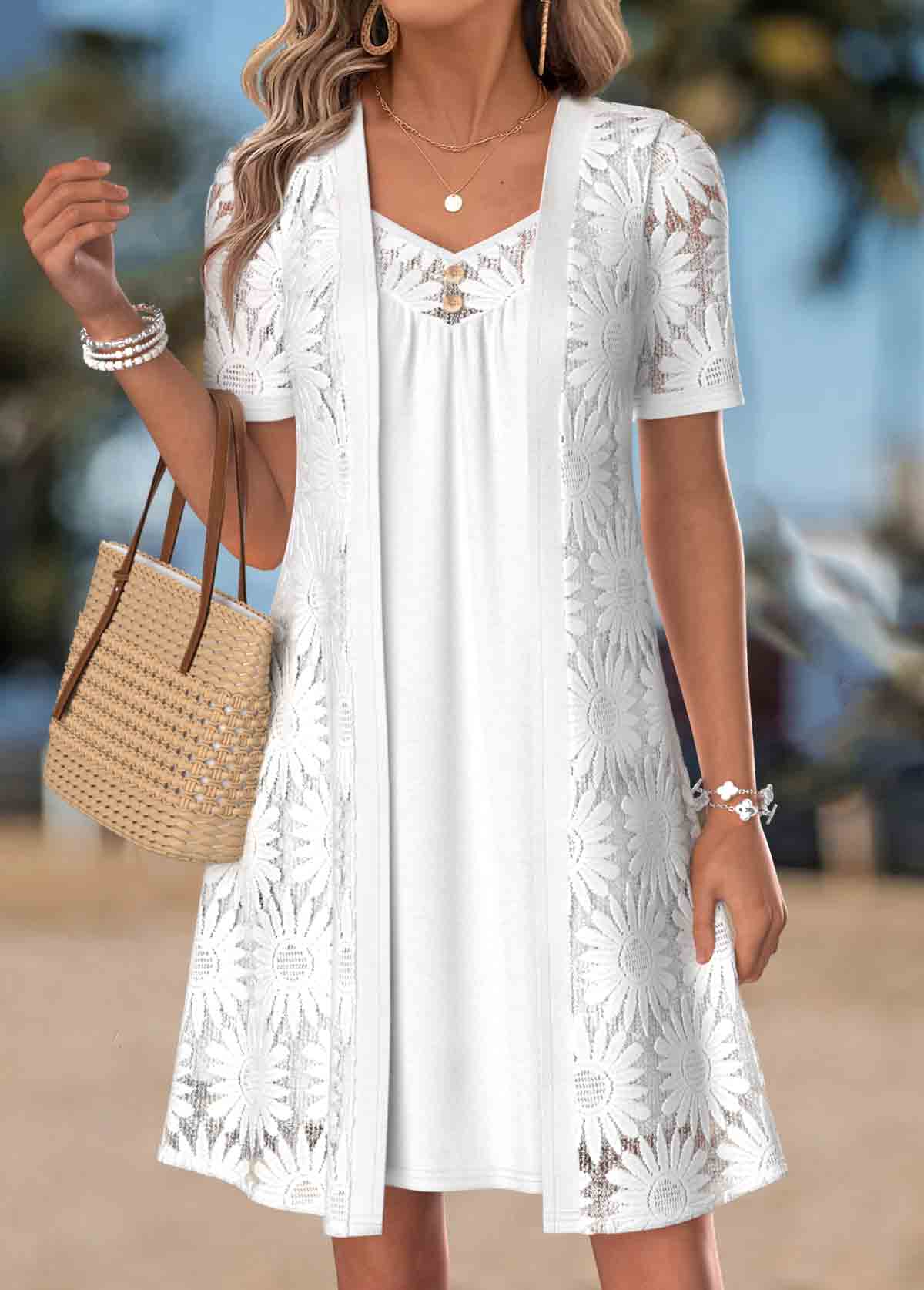 White Fake 2in1 Short Sleeve V Neck Dress | picture 