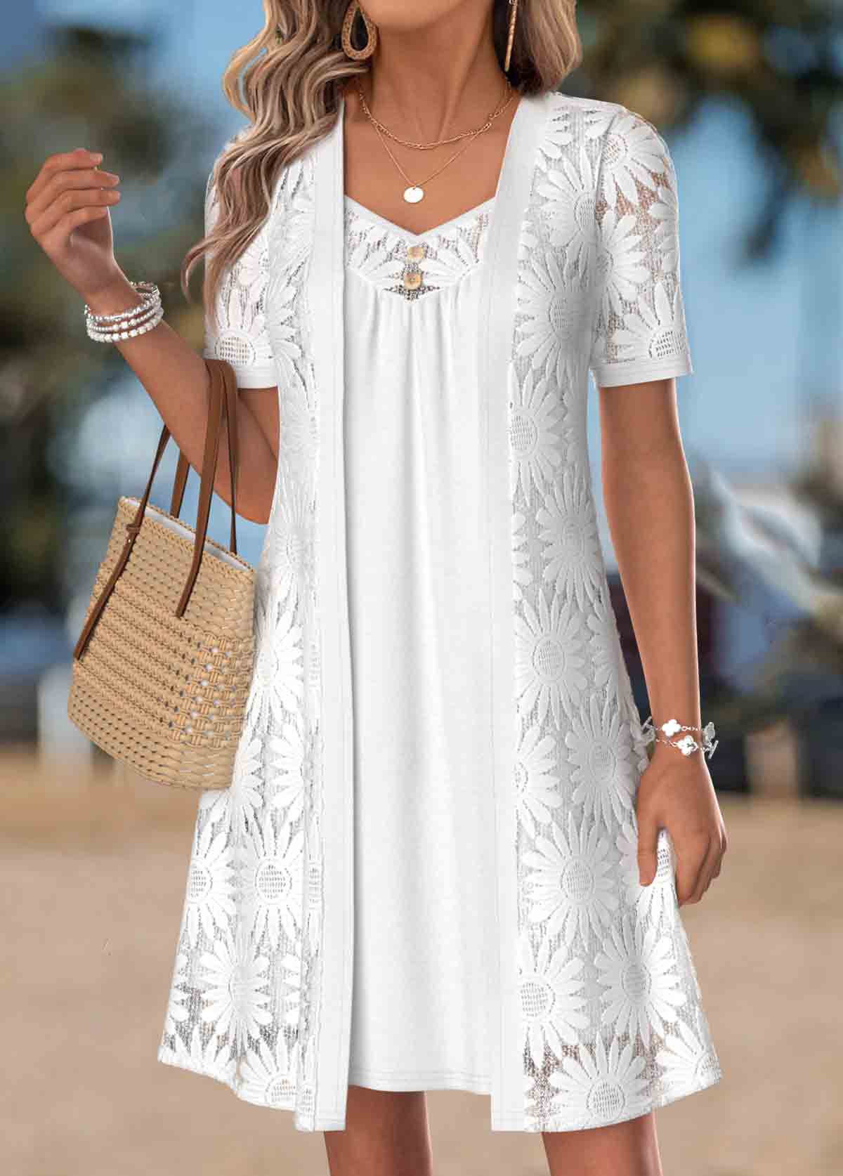 White Fake 2in1 Short Sleeve V Neck Dress | picture 