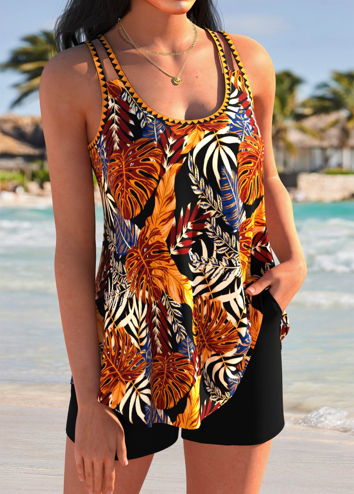 Dark Coffee Mid Waisted Curved Hem Tankini Set | picture 