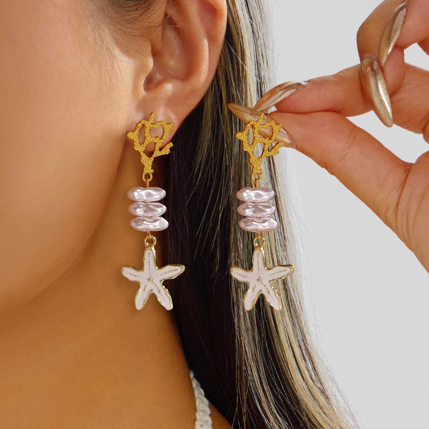 Beige Alloy Pearl Starfish Design Earrings | picture 