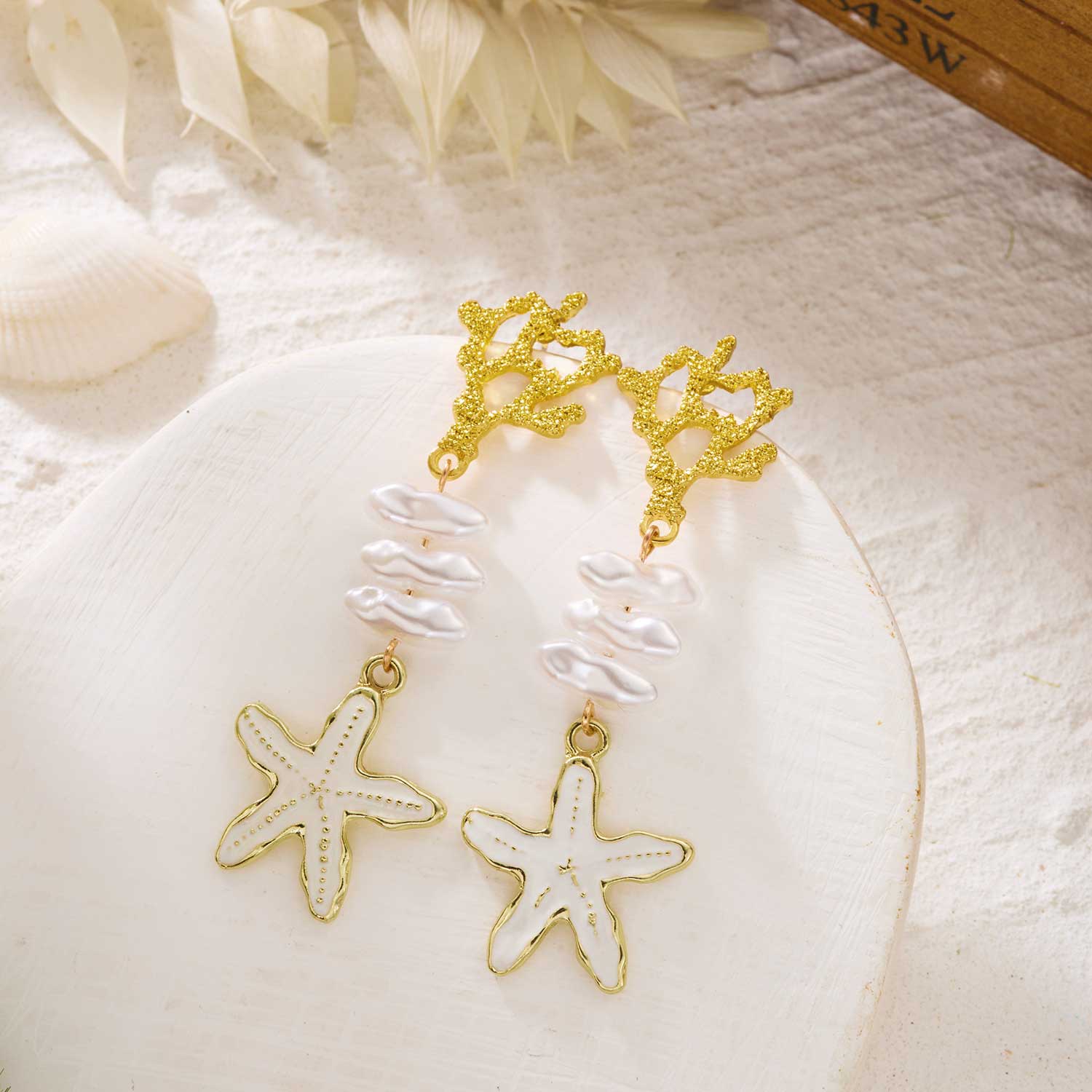 Beige Alloy Pearl Starfish Design Earrings | picture 