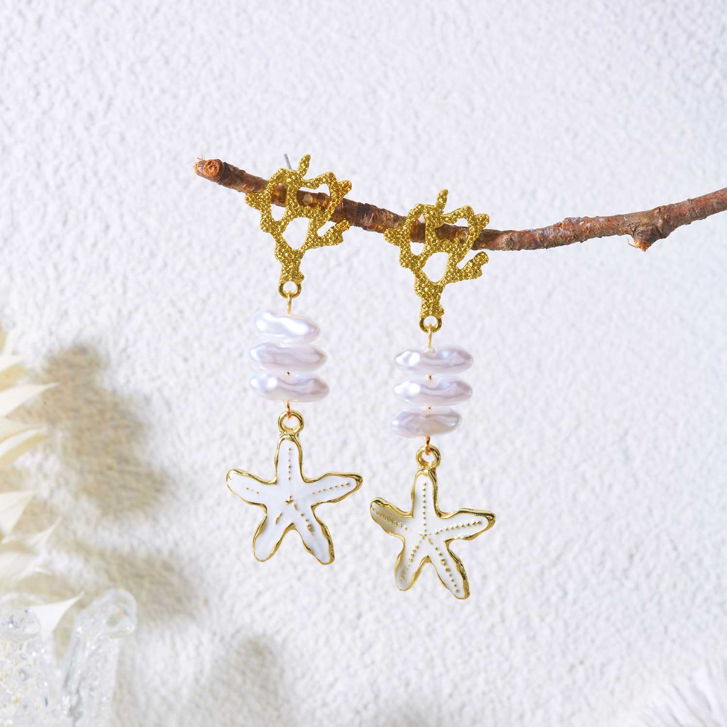Beige Alloy Pearl Starfish Design Earrings | picture 