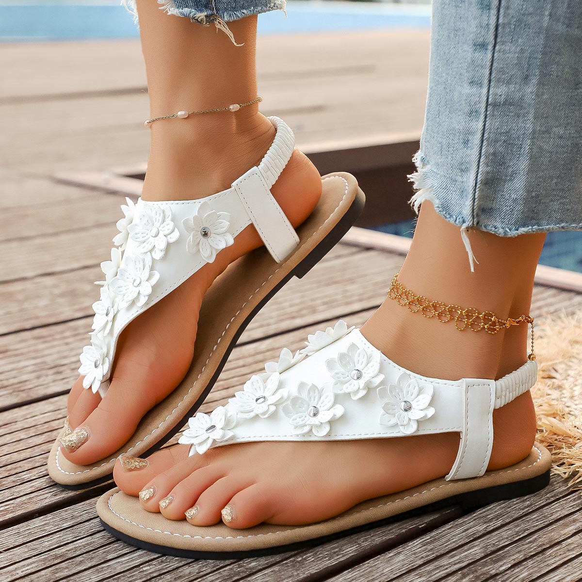 White Floral Toe Post Falt Sandals | picture 