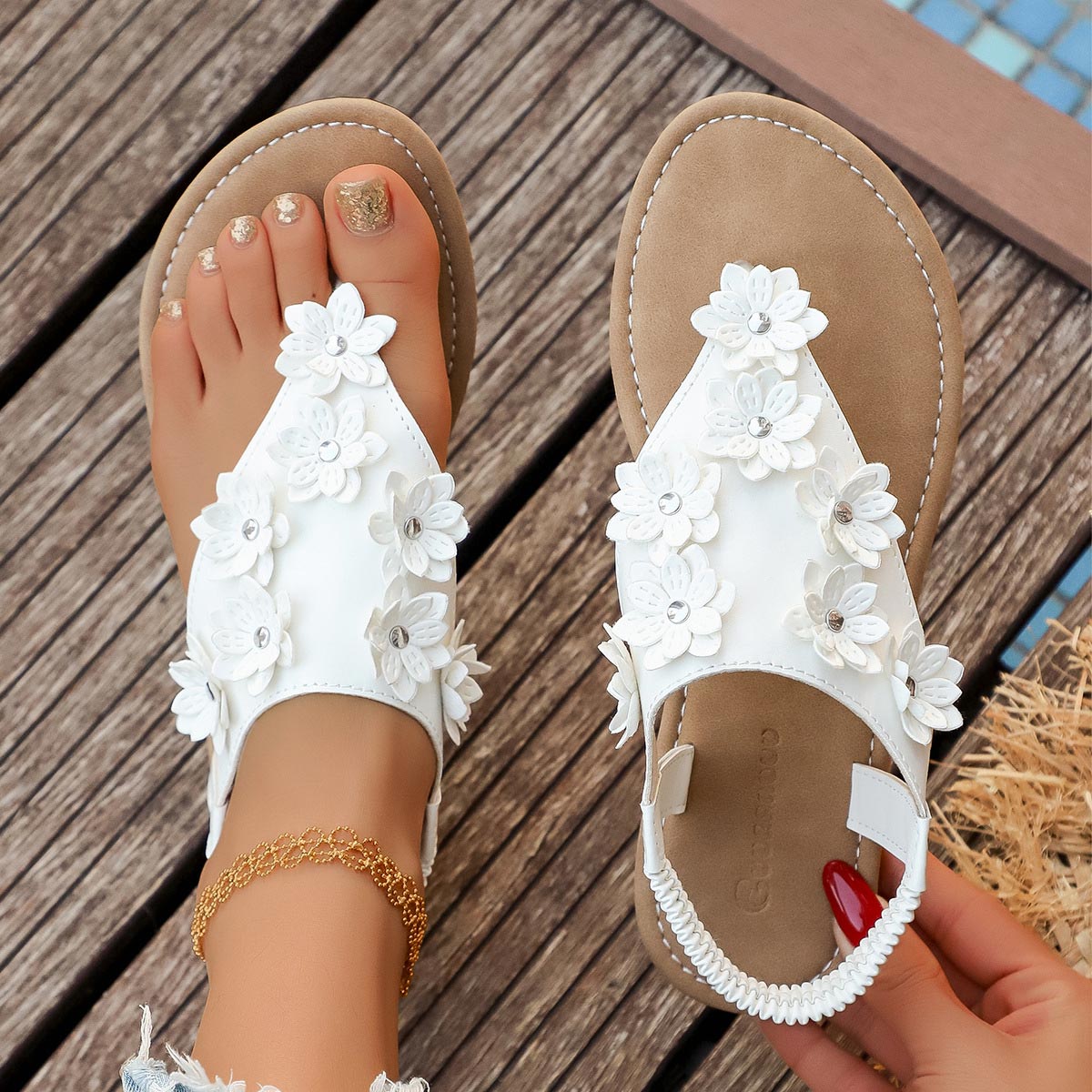 White Floral Toe Post Falt Sandals | picture 