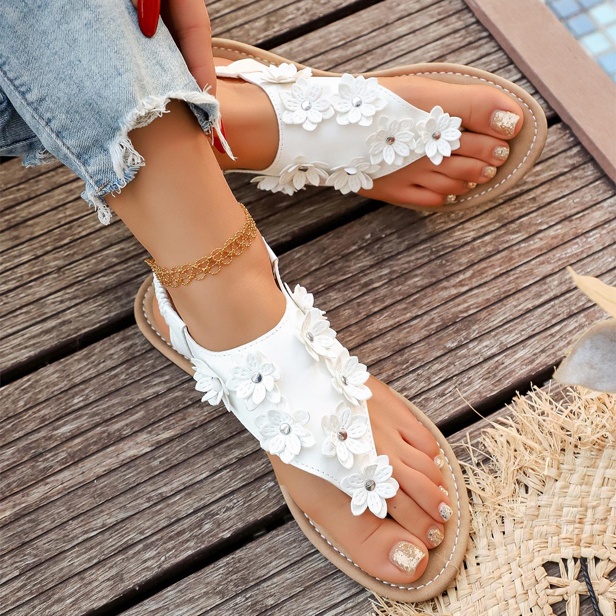 White Floral Toe Post Falt Sandals | picture 