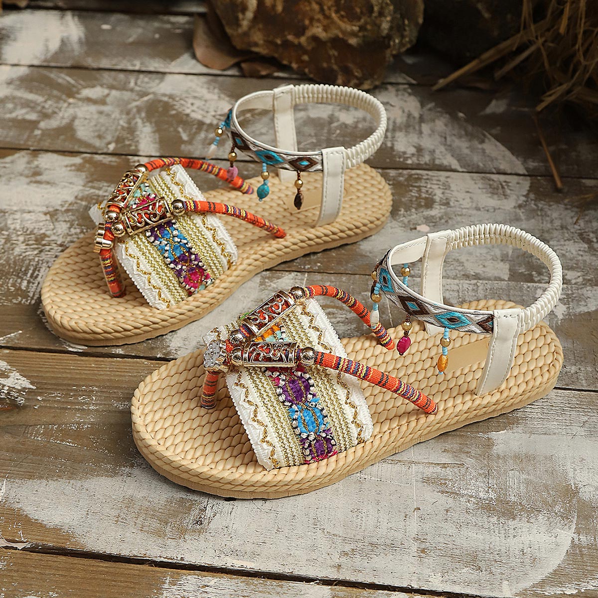 Light Camel Tribal Print Toe Post Falt | picture 