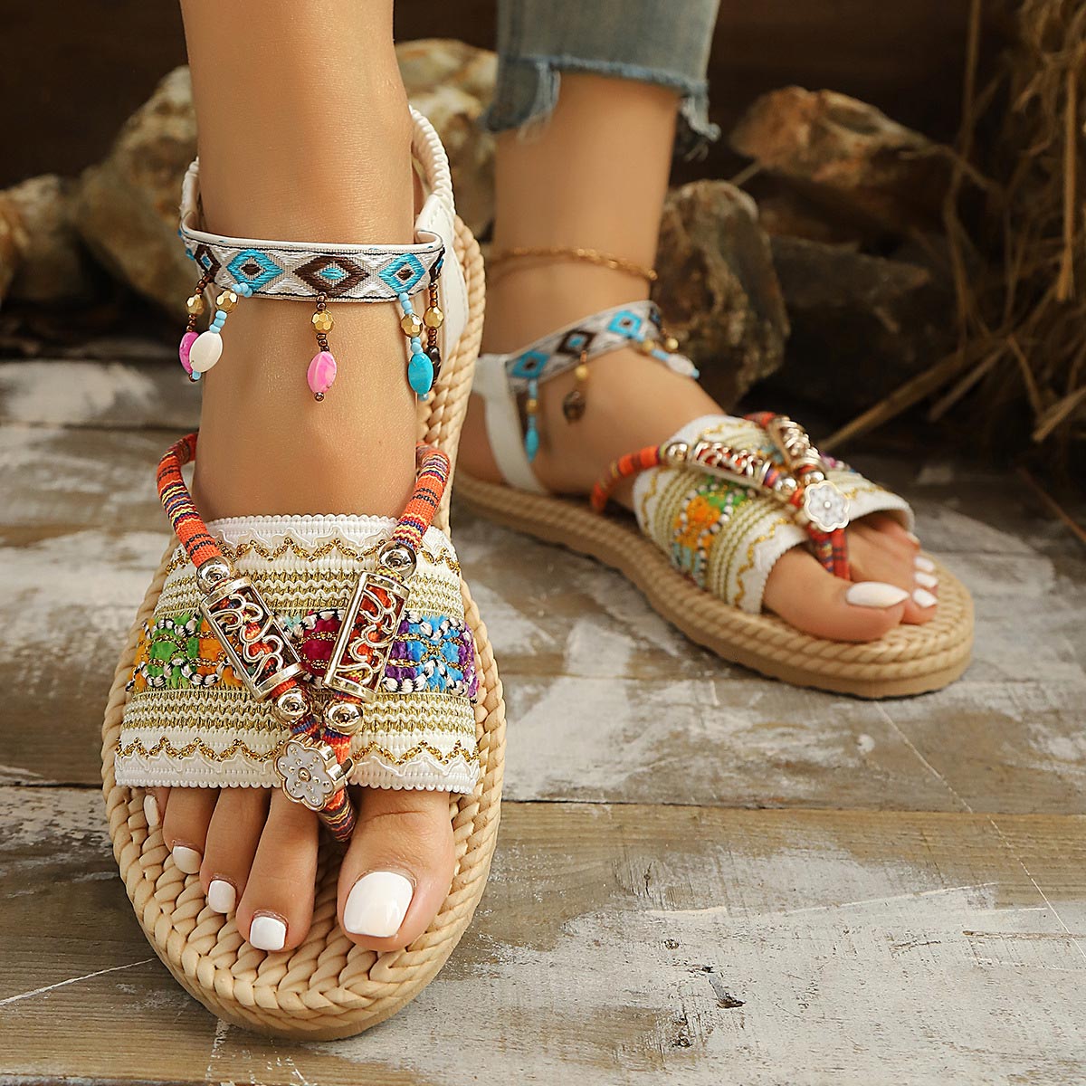 Light Camel Tribal Print Toe Post Falt | picture 