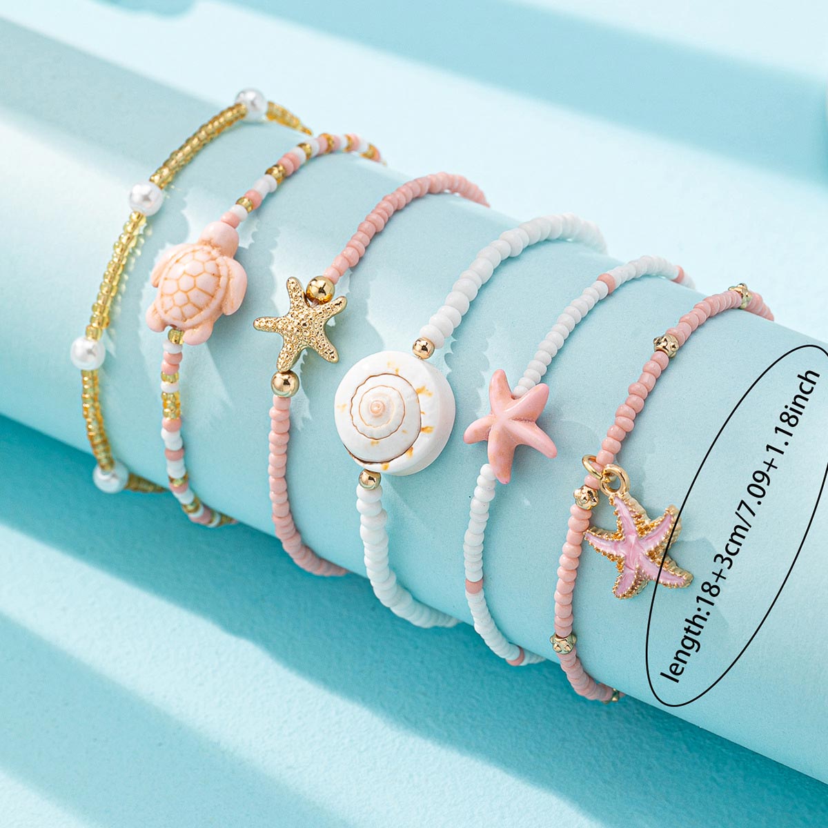 Pink Turtle Starfish Beaded Bracelet Set | picture 