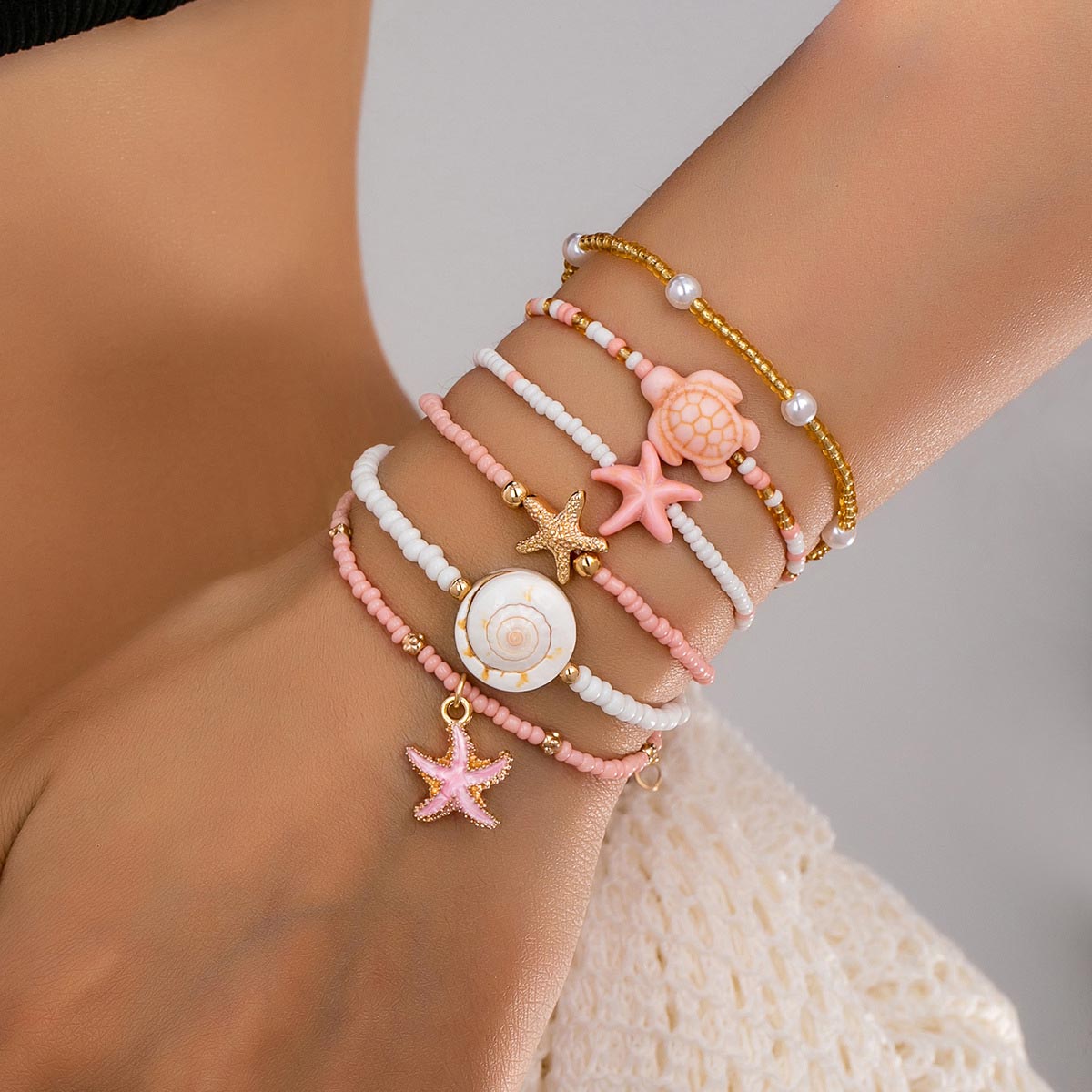 Pink Turtle Starfish Beaded Bracelet Set | picture 