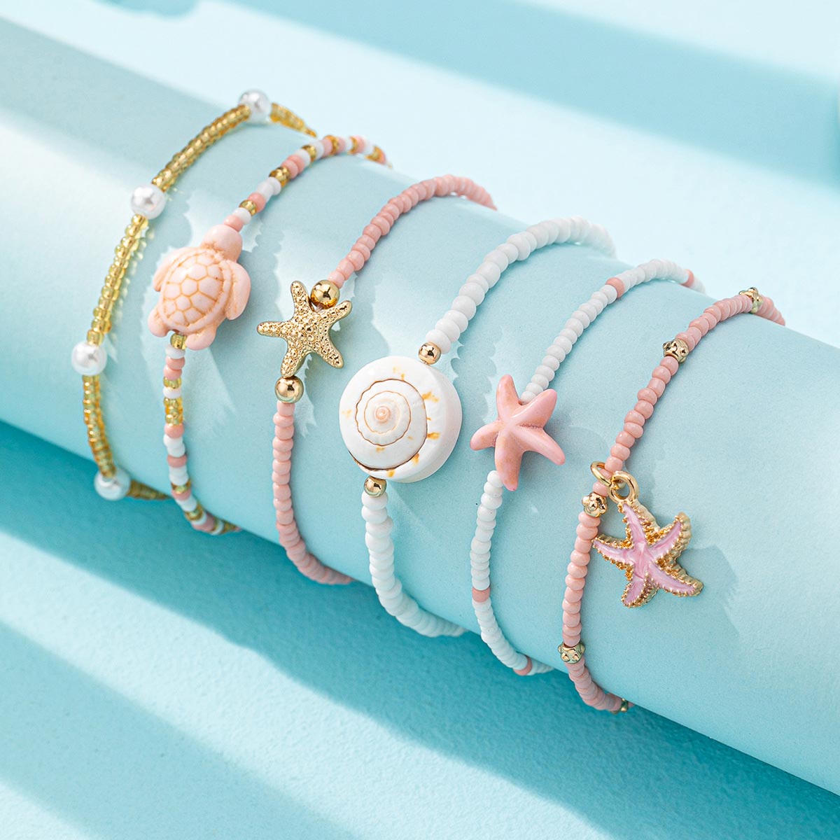 Pink Turtle Starfish Beaded Bracelet Set | picture 