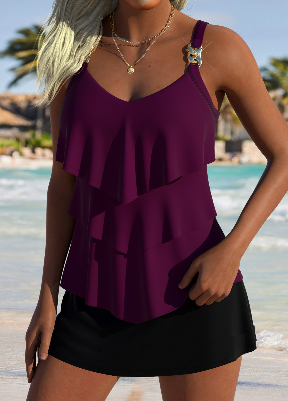 Dark Reddish Purple Heart Collar Tankini Top-No Bottom | picture 