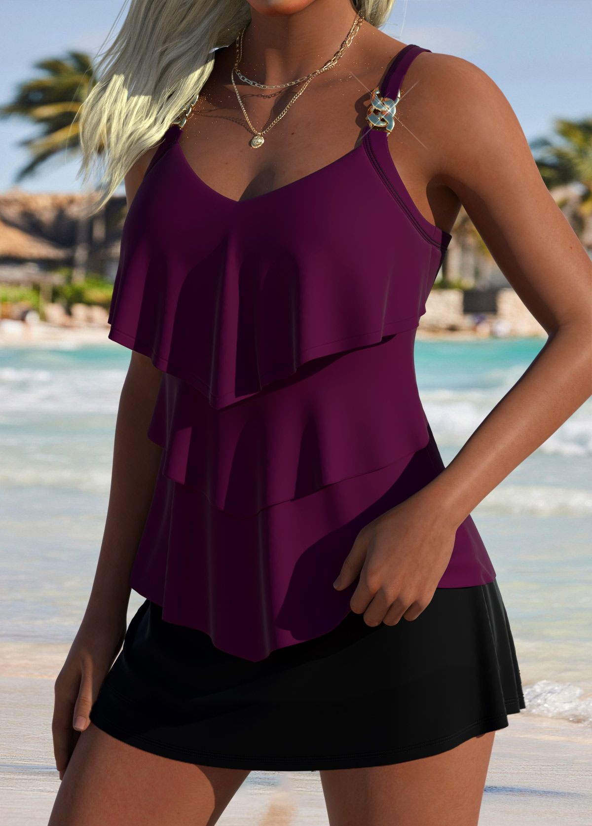 Dark Reddish Purple Heart Collar Tankini Top-No Bottom | picture 