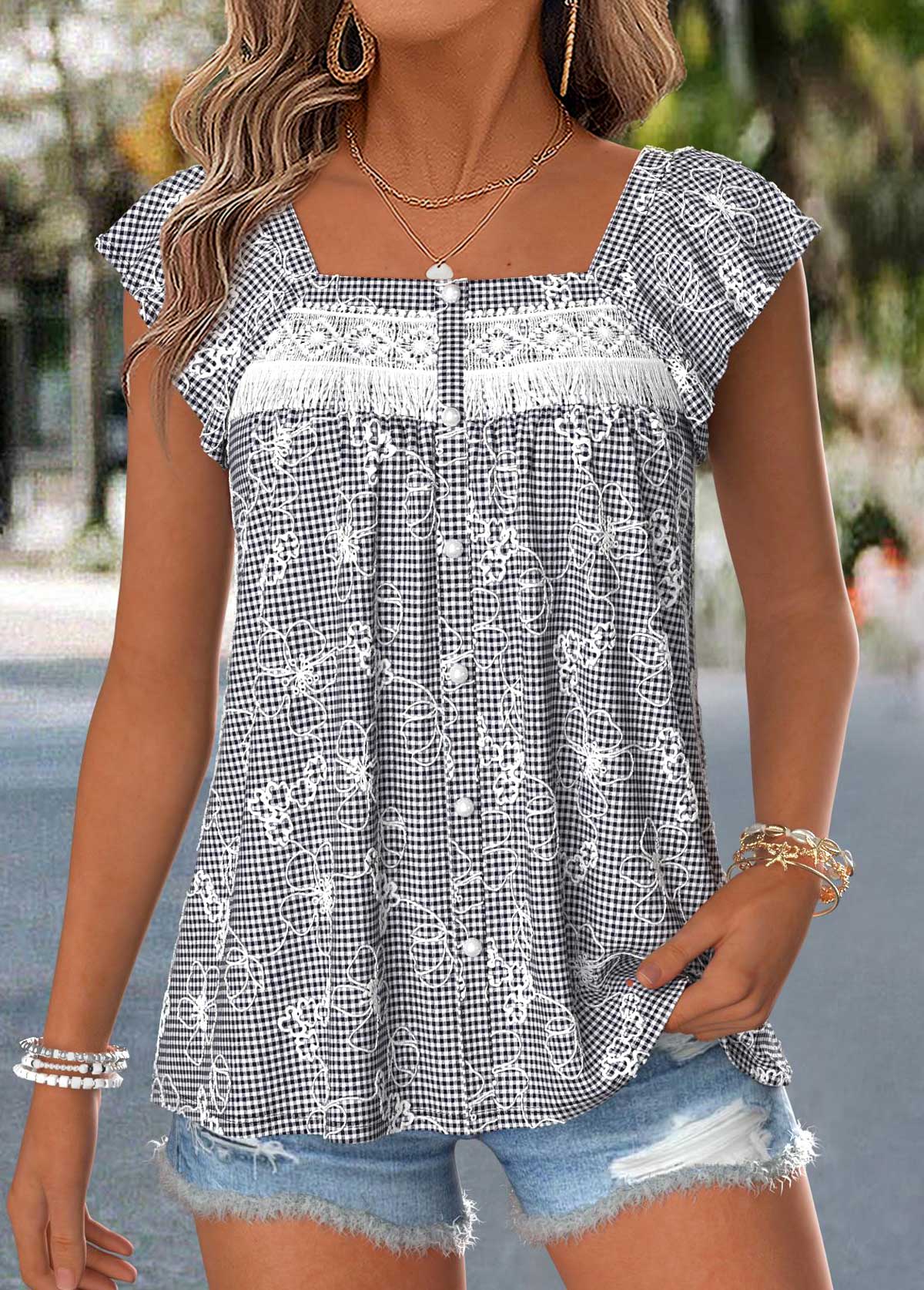 Black Plaid Curved Hem Short Sleeve Square Neck Blouse | picture 