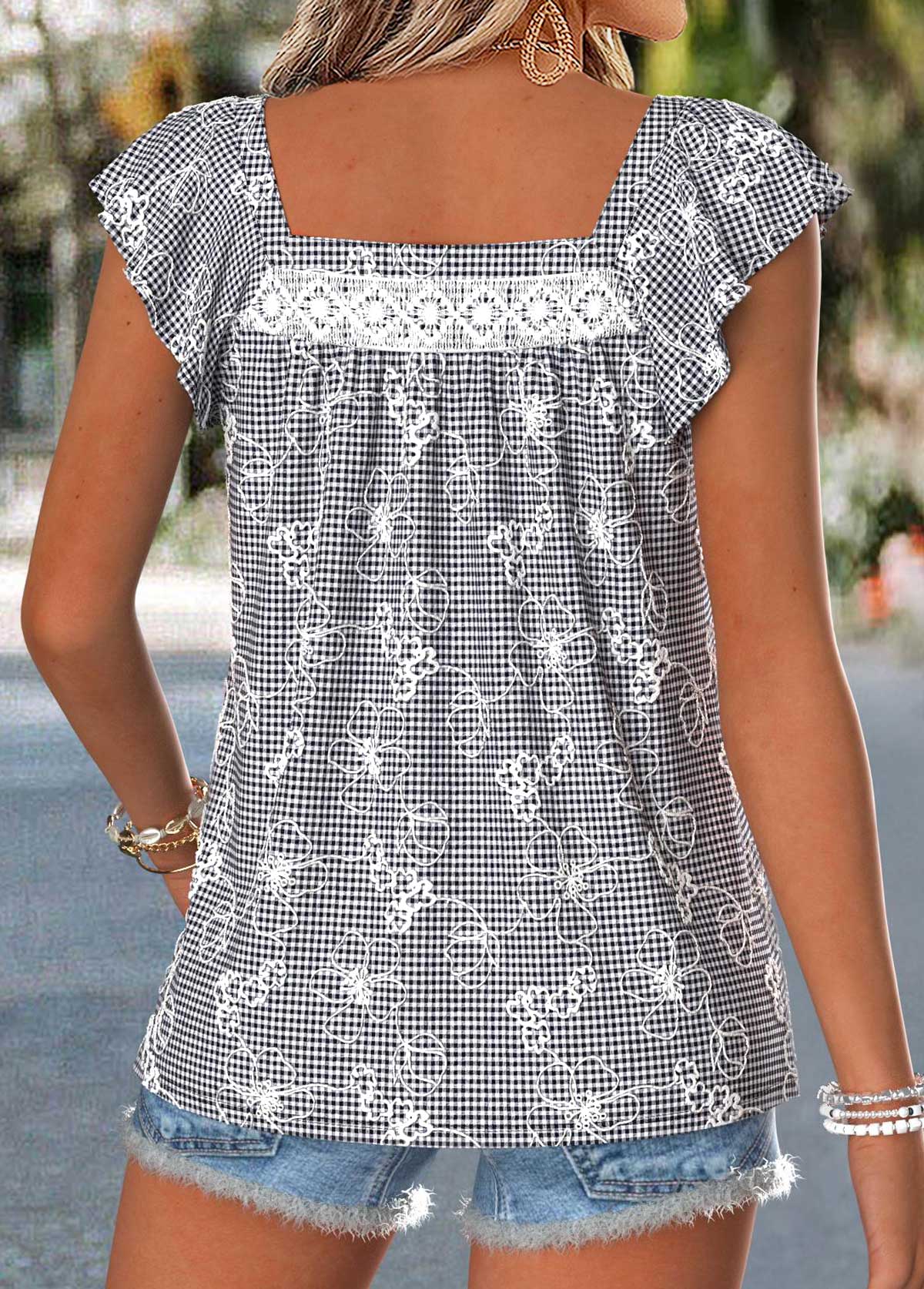 Black Plaid Curved Hem Short Sleeve Square Neck Blouse | picture 