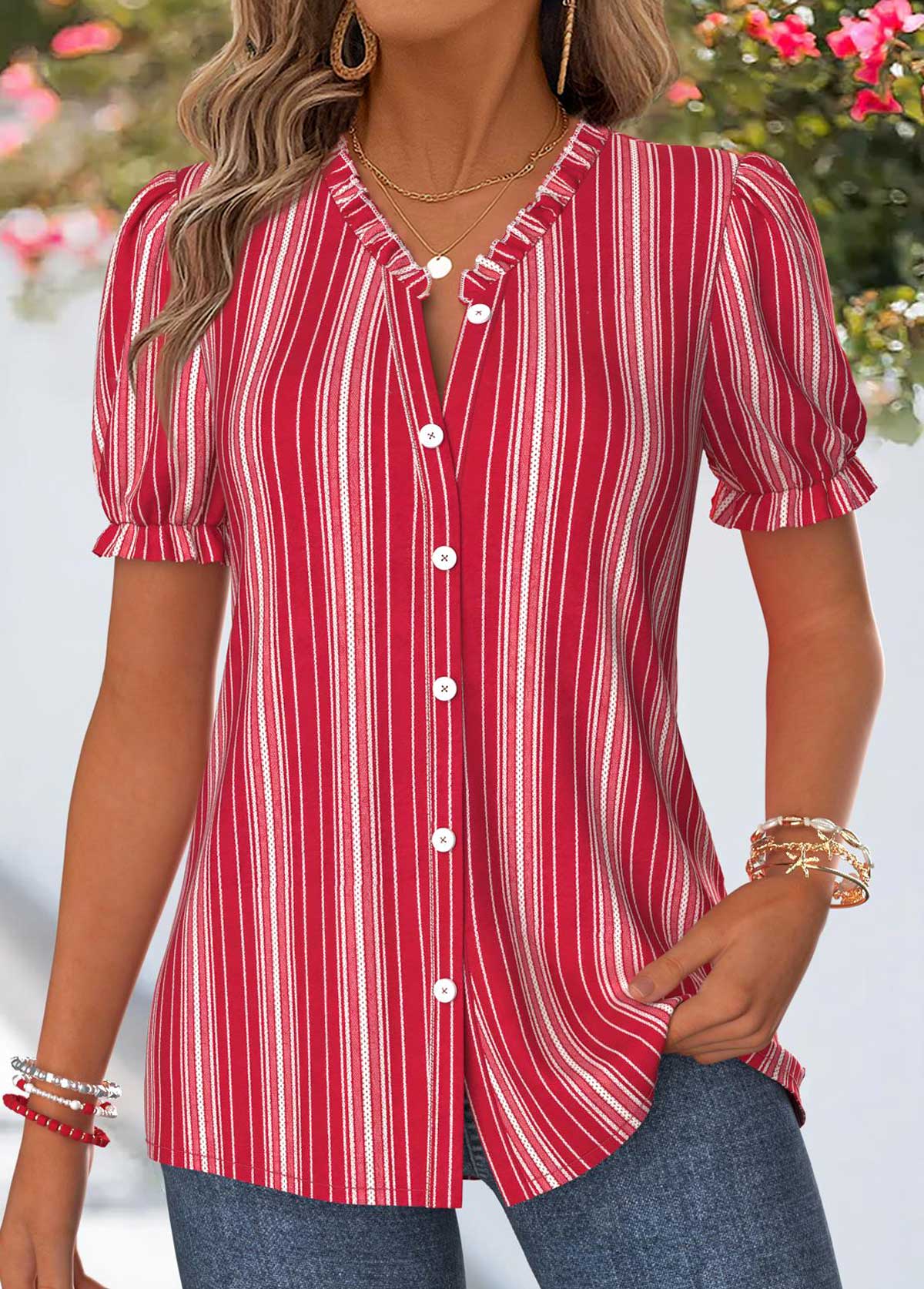 Red Striped Shirred Short Sleeve Split Neck Blouse | picture 