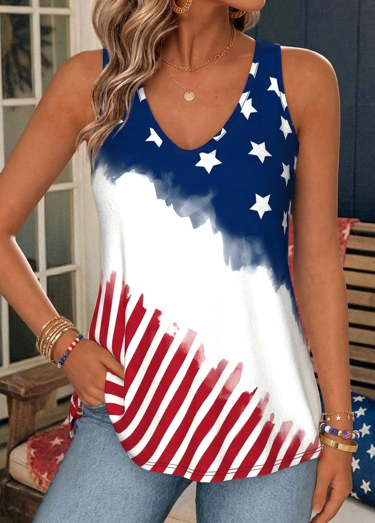 American Flag Blue Sleeveless V Neck Tank Top | picture 