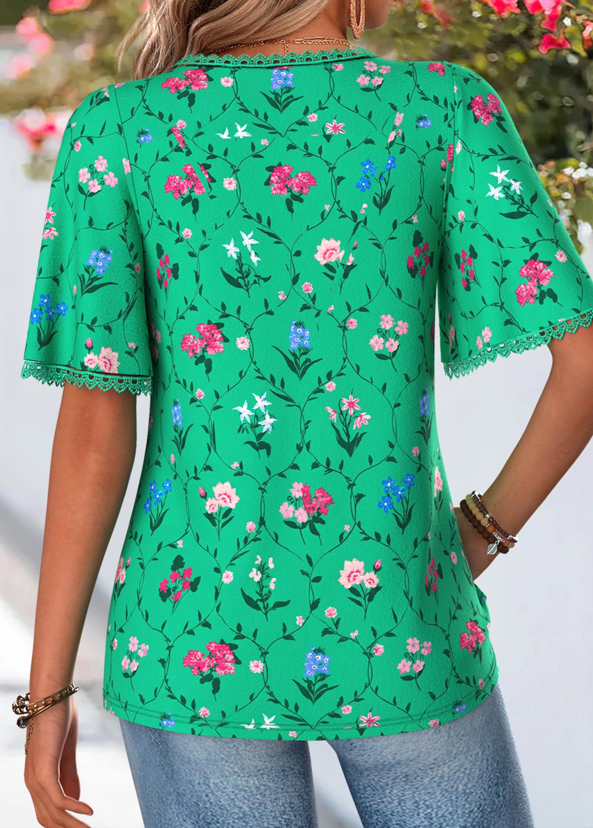Green Floral Print Curved Hem Half Sleeve T Shirt | picture 