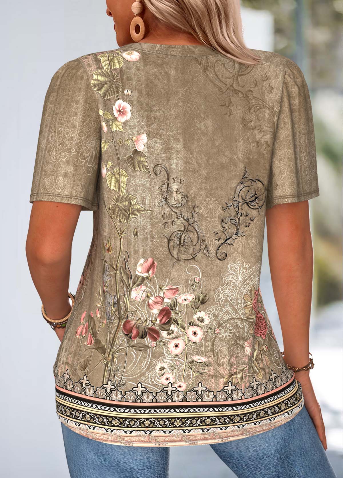 Dark Camel Random Floral Print Curved Hem T Shirt | picture 