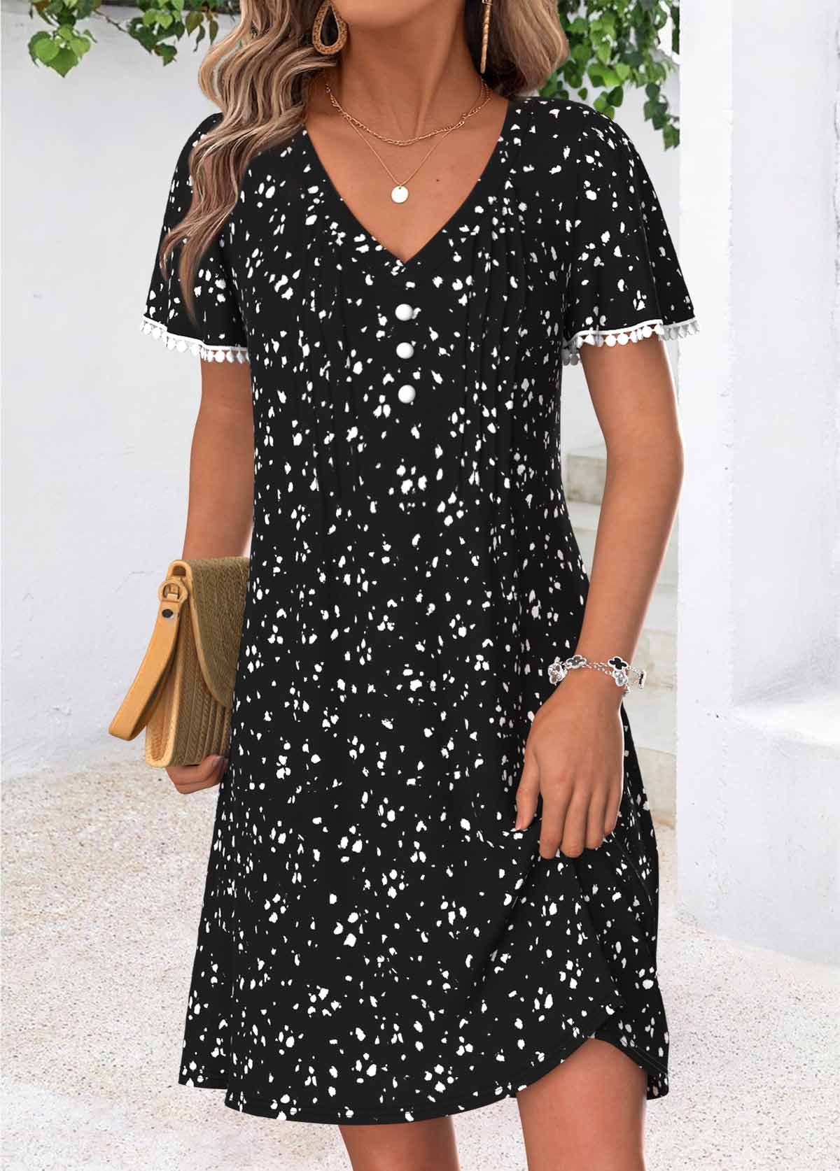 Black Ditsy Floral Print Short Tuck Stitch Dress | picture 