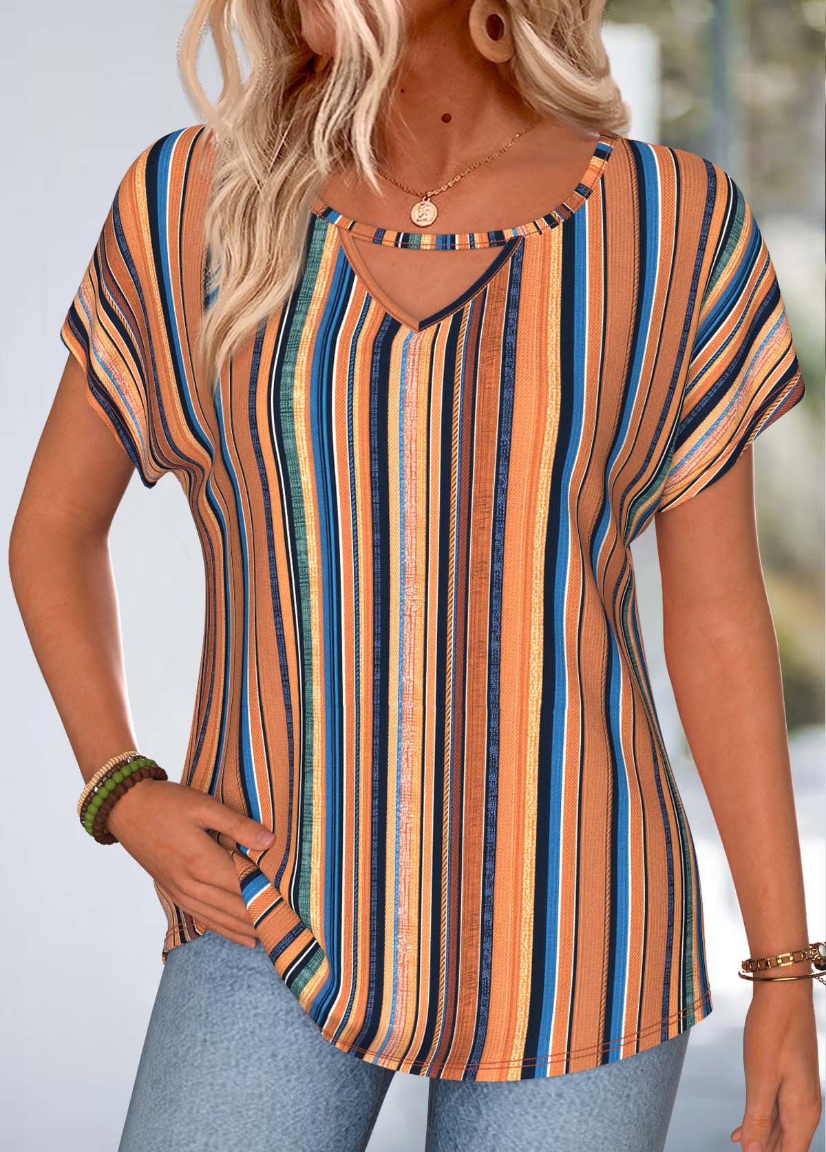 Multi Color Striped Short Sleeve Round Neck T Shirt | picture 
