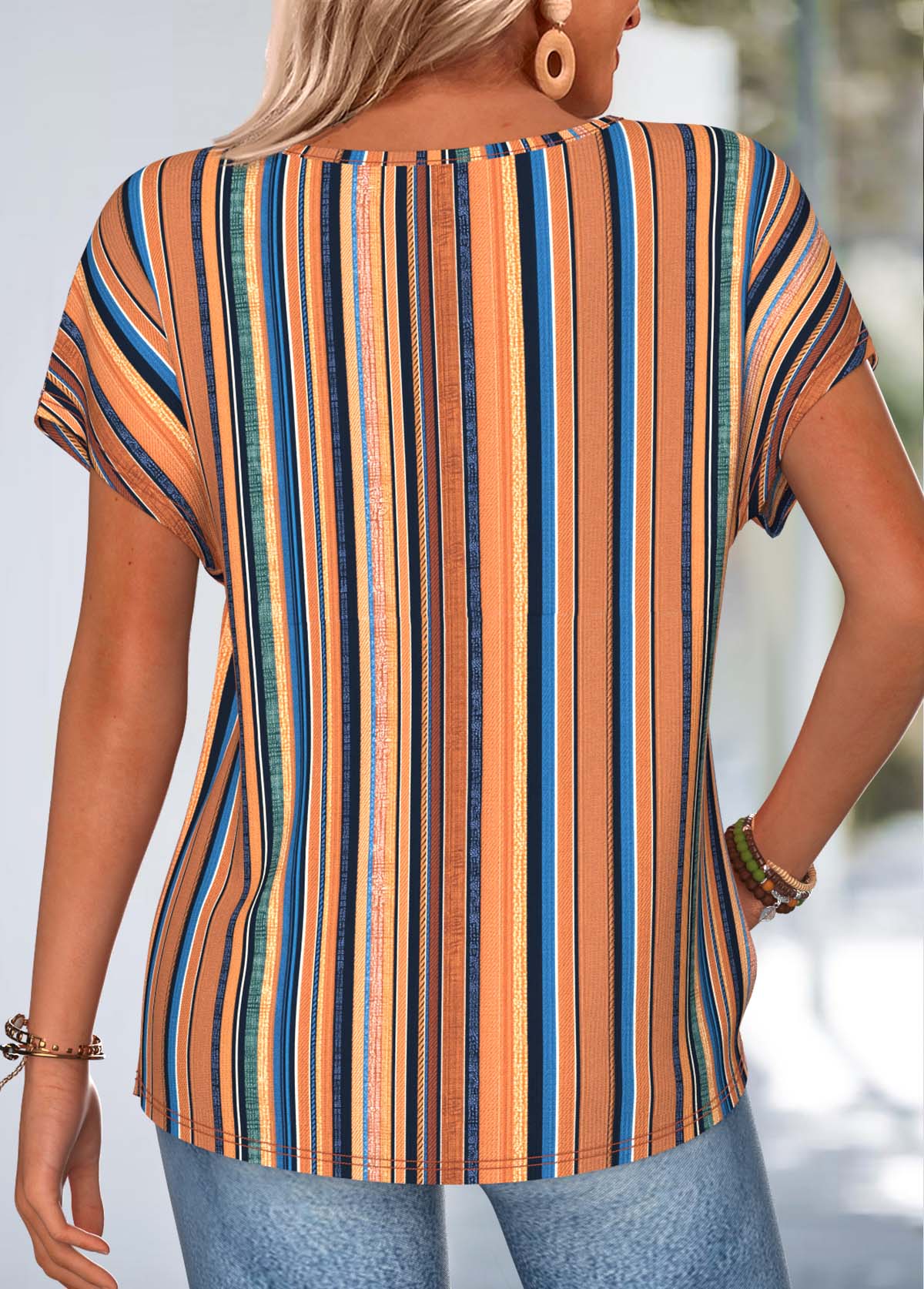 Multi Color Striped Short Sleeve Round Neck T Shirt | picture 