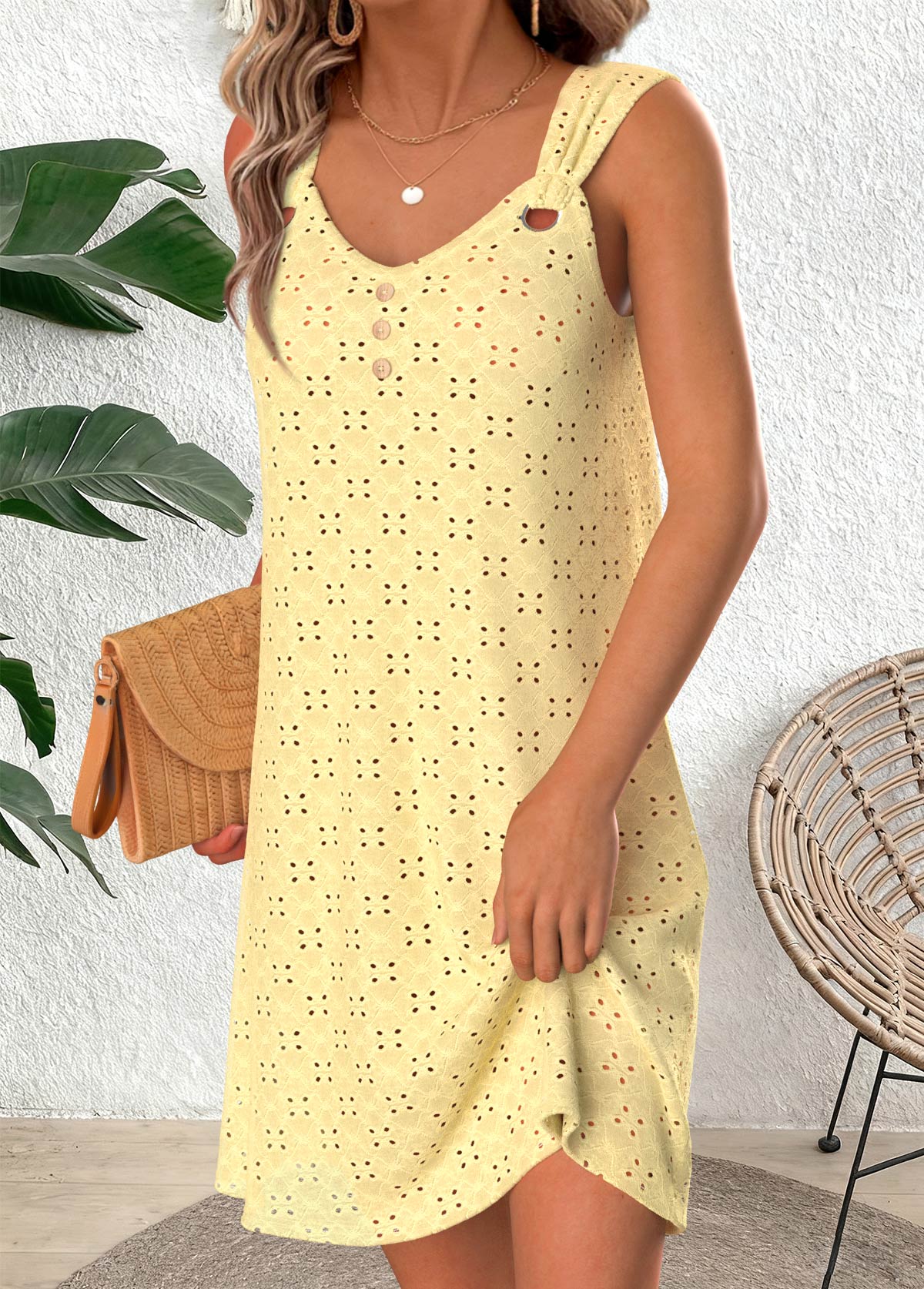 Yellow Short Tummy Coverage Sleeveless V Neck Dress | picture 