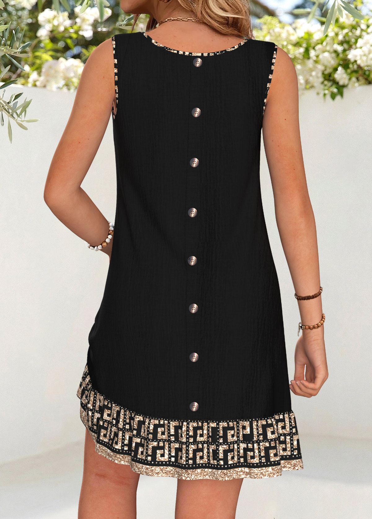 Black Tribal Print Short Patchwork Sleeveless Round Neck Dress | picture 