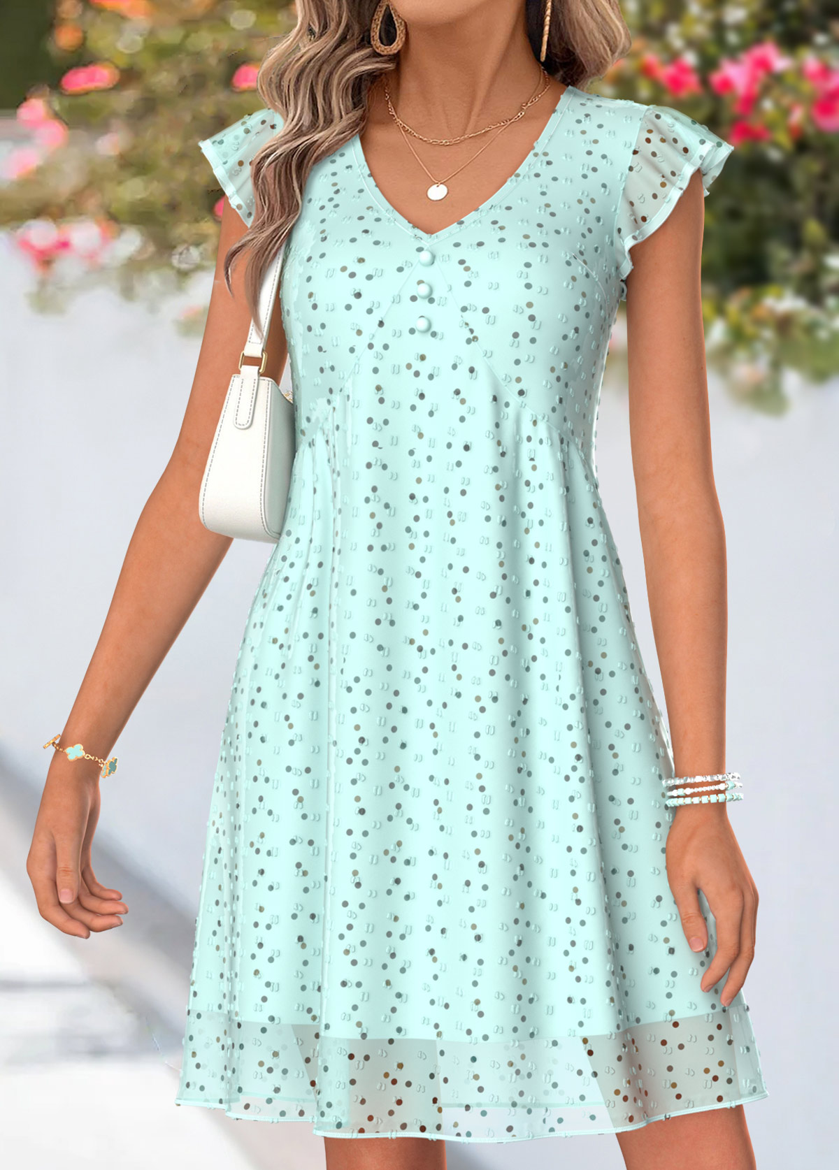 Mint Green Polka Dot Short Shirred V Neck Dress | picture 