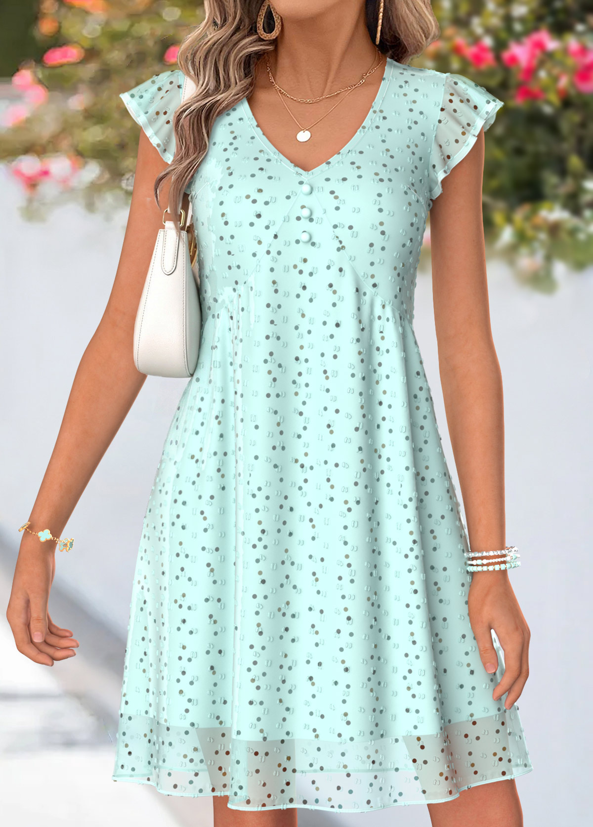 Mint Green Polka Dot Short Shirred V Neck Dress | picture 