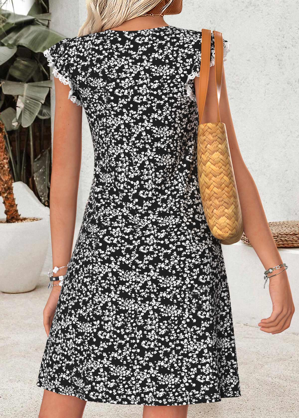 Black Ditsy Floral Print Short Shirred V Neck Dress | picture 