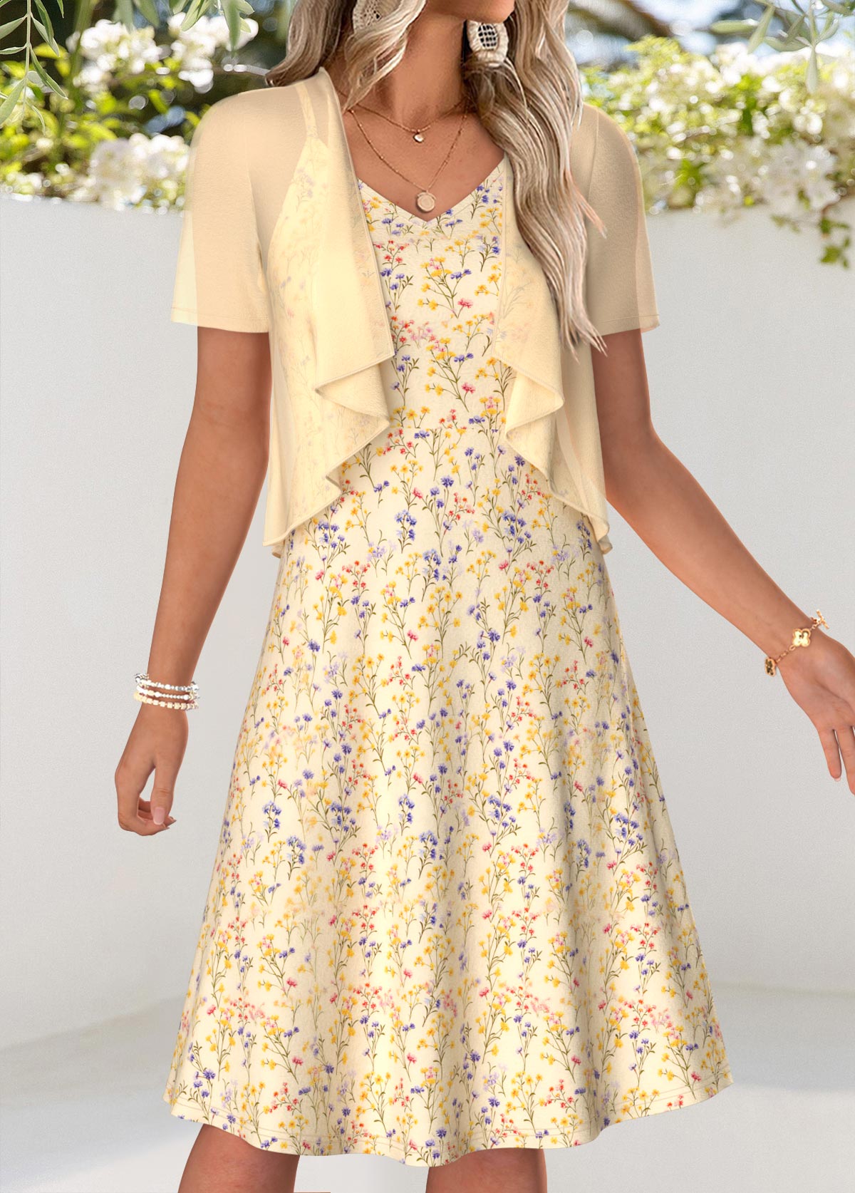 Light Yellow Ditsy Floral Print Two-piece Dress and Cardigan | picture 